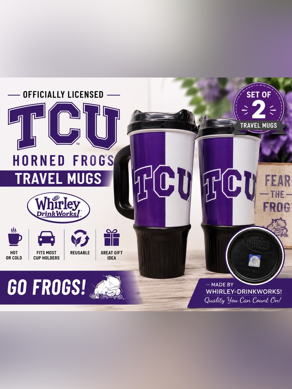 2- Officially Licensed TCU Horned Frogs Travel Mugs |